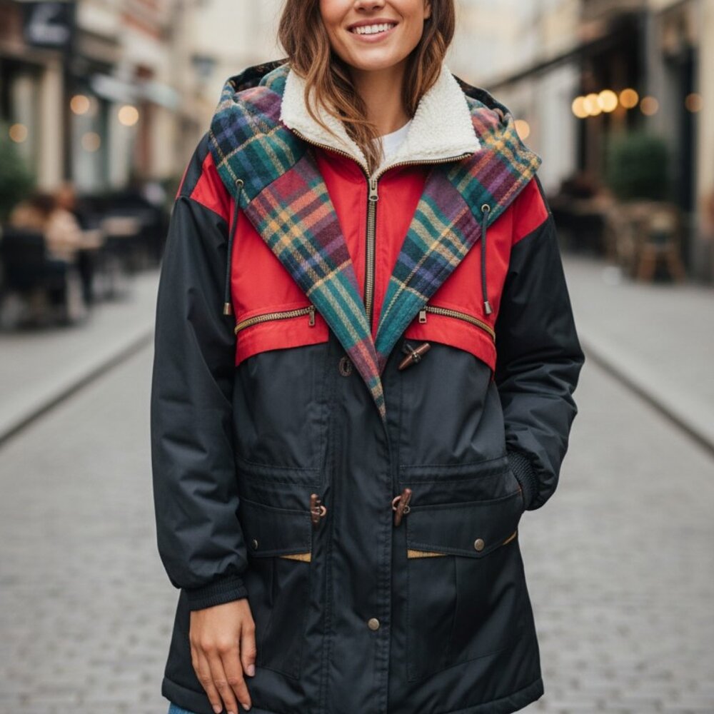 River Edge Vintage Colorblock Plaid Hooded Parka Jacket